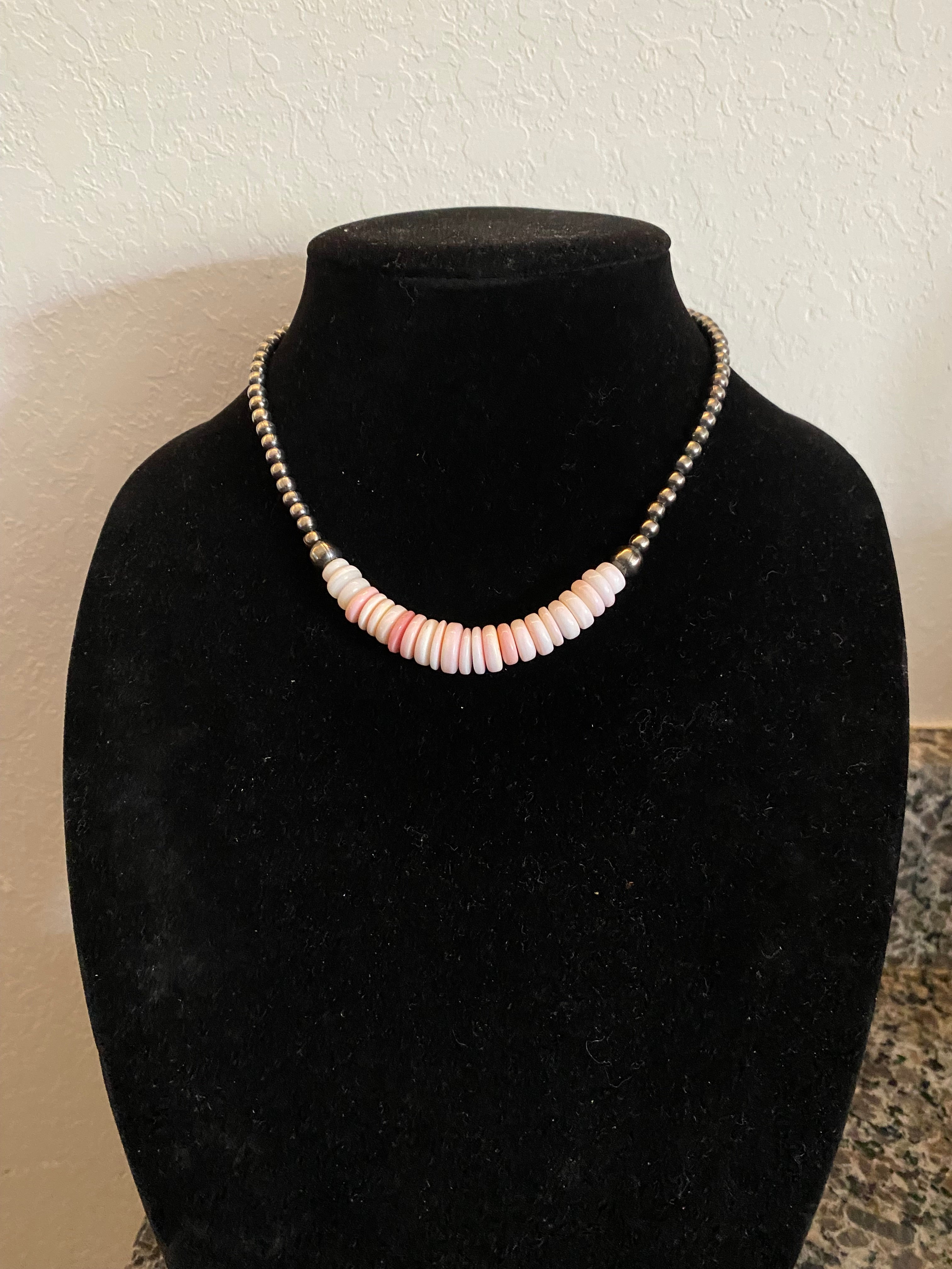 Pink conch and 5-8mm German silver beads