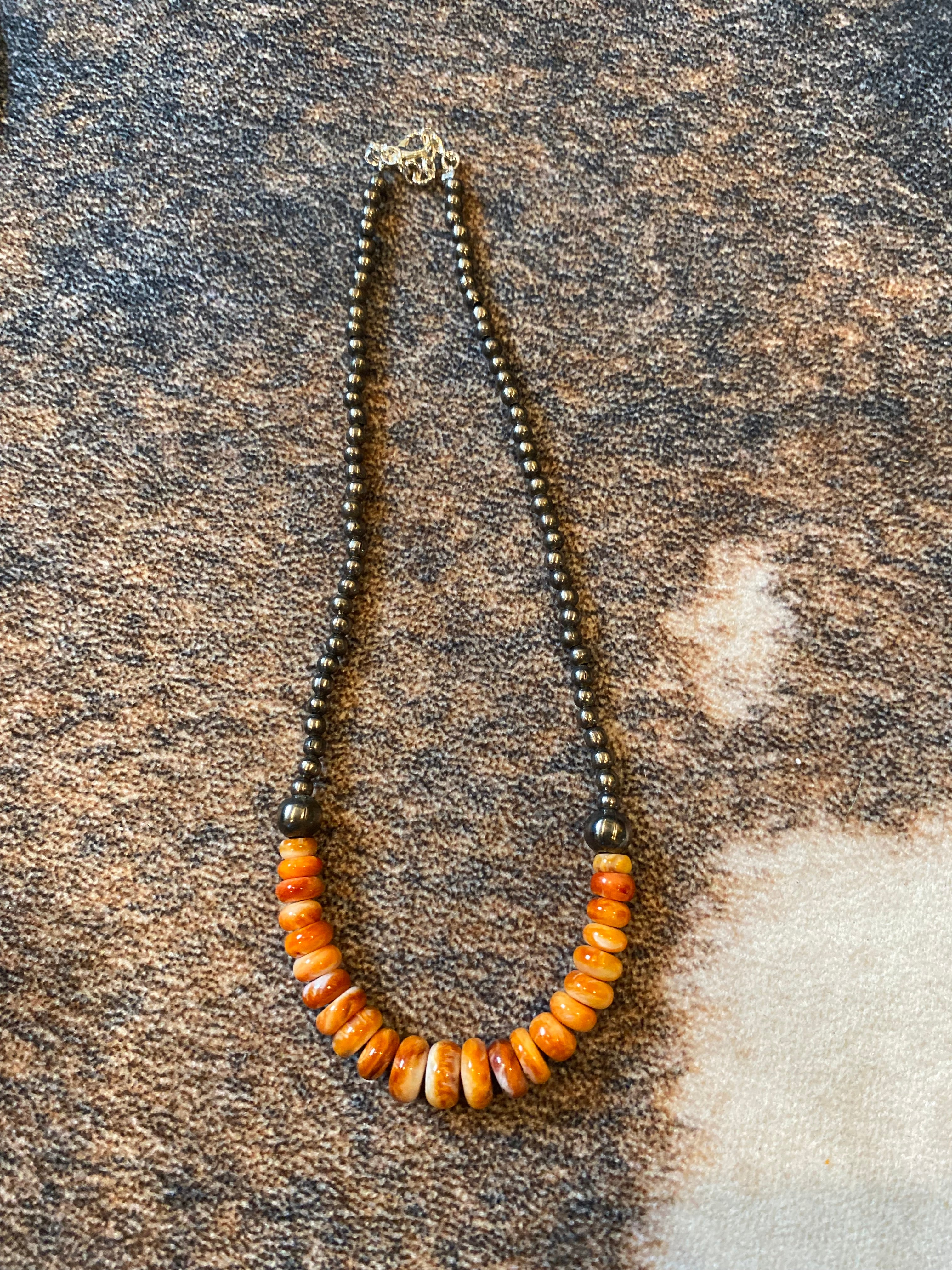 8-10 mm spiny oyster & 4-8 mm German silver necklace